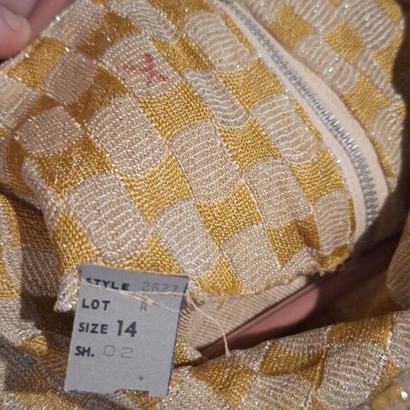 Vintage 1960's Gold Metallic Checkered Geometric Maxi Dress w/ Belt Size 14 - Picture 7 of 7